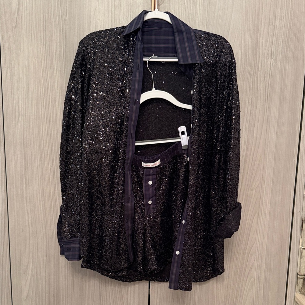 Sparkling Black Sequin Button-Up Shirt and Shorts